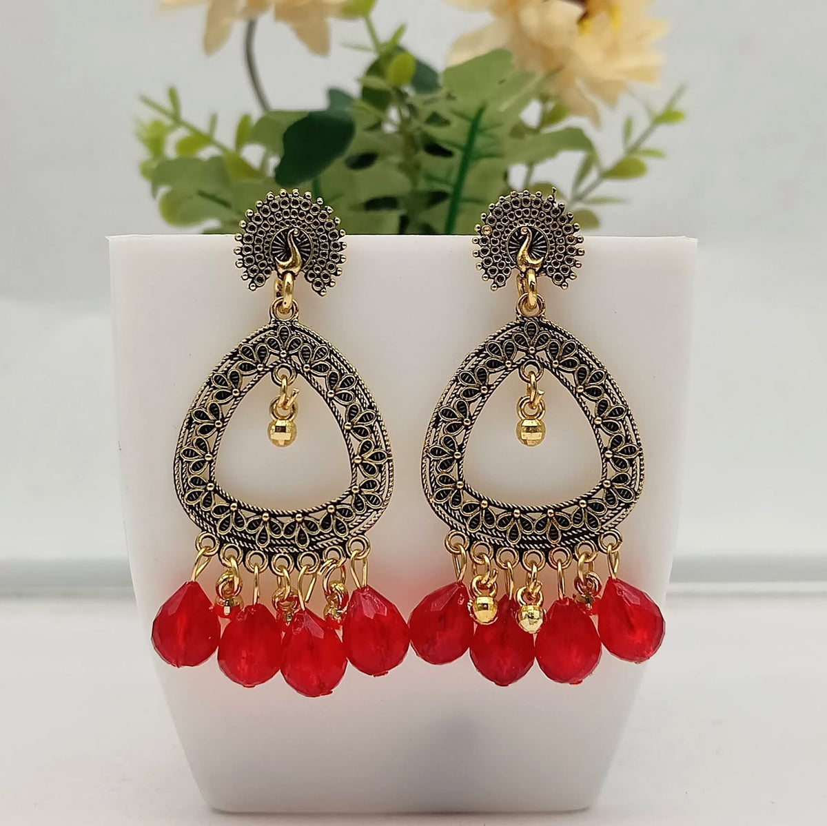 Red Color Drop Beads Golden Beautiful Oxidised Earrings