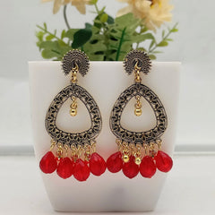 Red Color Drop Beads Golden Beautiful Oxidised Earrings