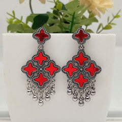Red Color Star Design Mirror Silver Classic Oxidised Earrings