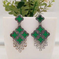 Green Color Star Design Mirror Silver Classic Oxidised Earrings