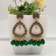 Green Color Drop Beads Golden Beautiful Oxidised Earrings
