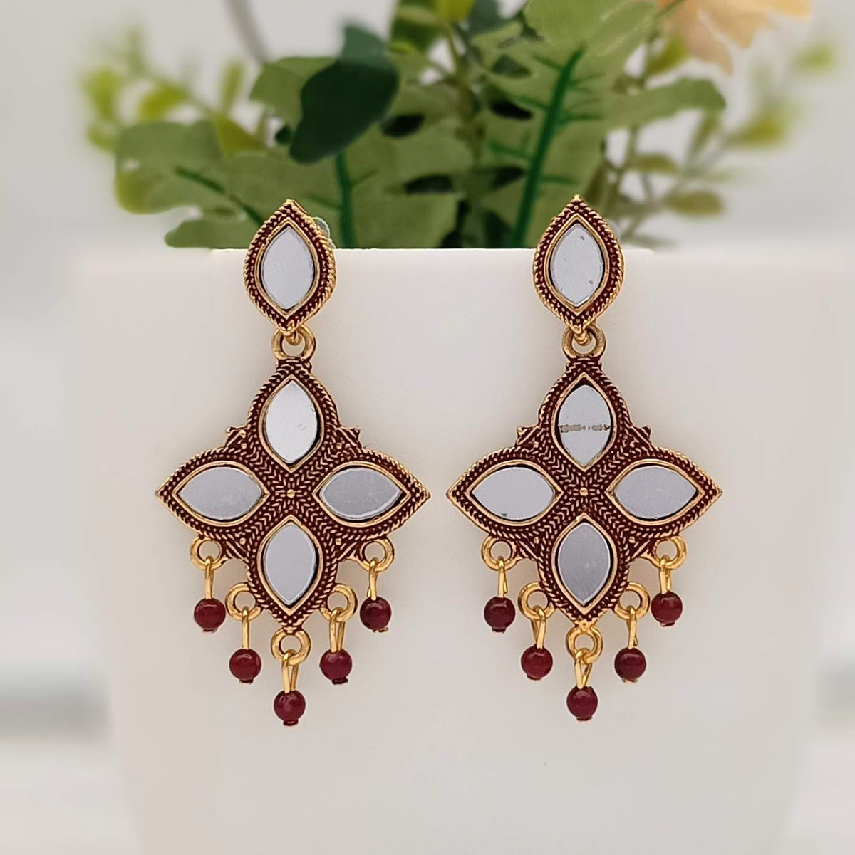 Dark Red Color Flower Design Golden Classic Oxidised Earrings