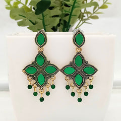 Green Color Flower Design Golden Classic Oxidised Earrings