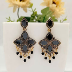 Black Color Flower Design Mirror Golden Classic Oxidised Earrings