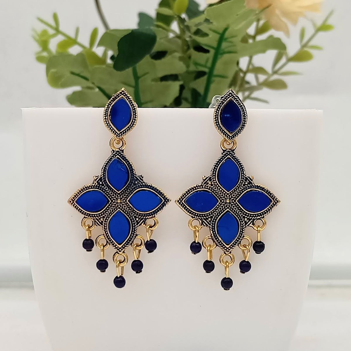 Blue Color Flower Design Mirror Golden Classic Oxidised Earrings