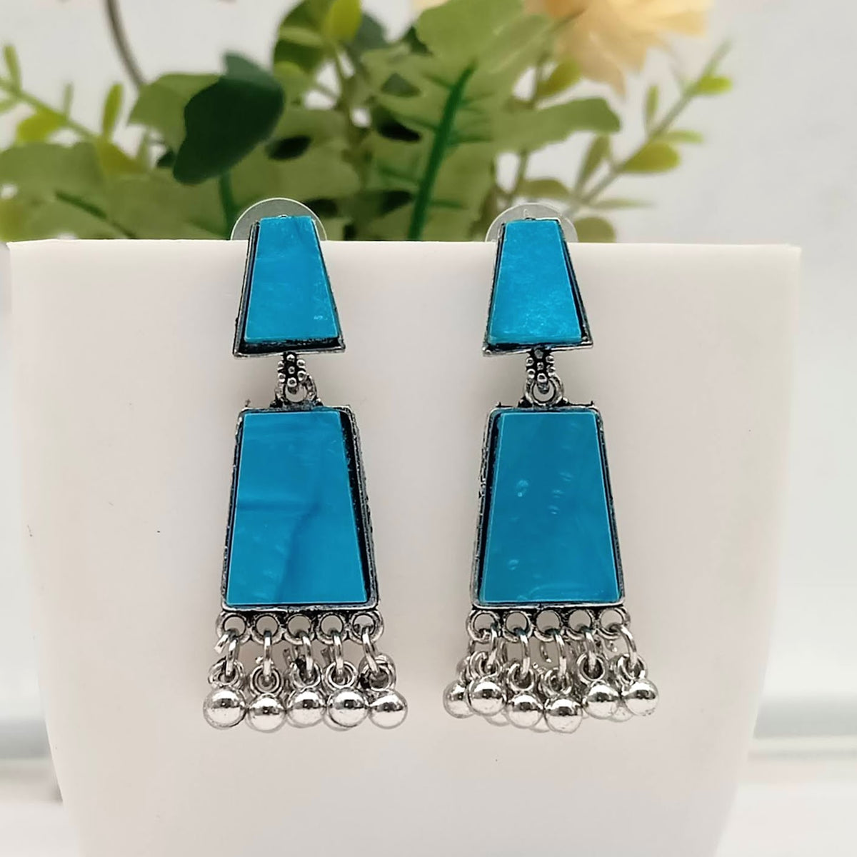 Blue Color Unique Design Silver Classic Oxidised Earrings