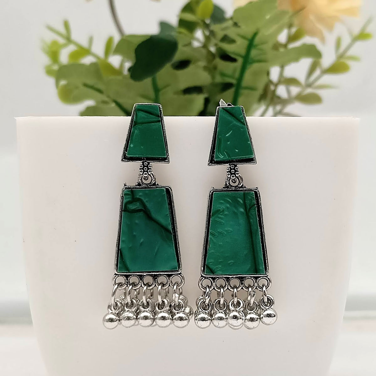 Green Color Unique Design Silver Classic Oxidised Earrings