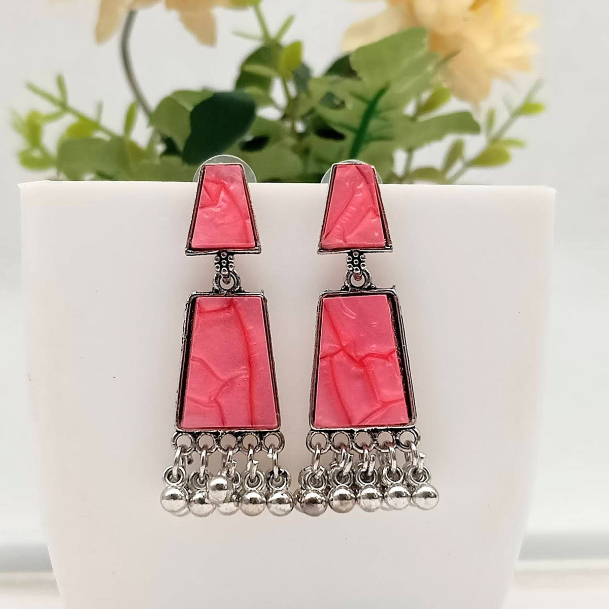 Pink Color Unique Design Silver Classic Oxidised Earrings
