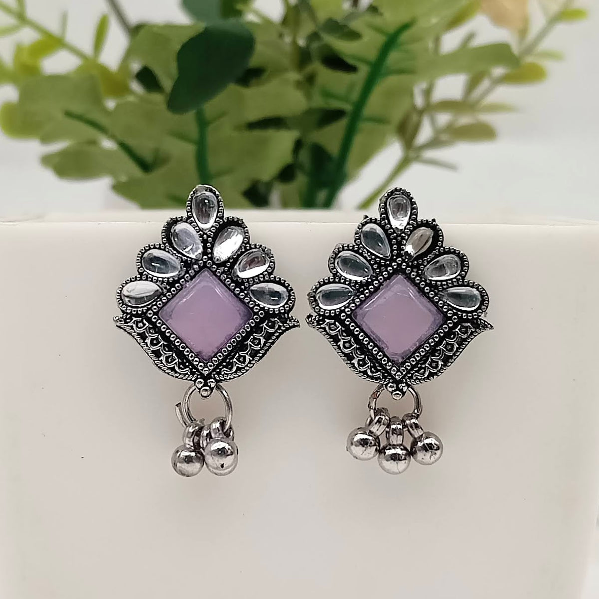 Purple Color Stone Studded Antique Silver Oxidised Earrings