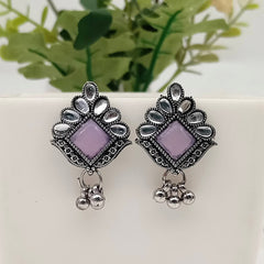 Purple Color Stone Studded Antique Silver Oxidised Earrings