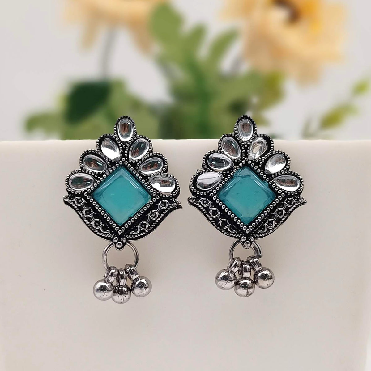 Blue Color Stone Studded Antique Silver Oxidised Earrings