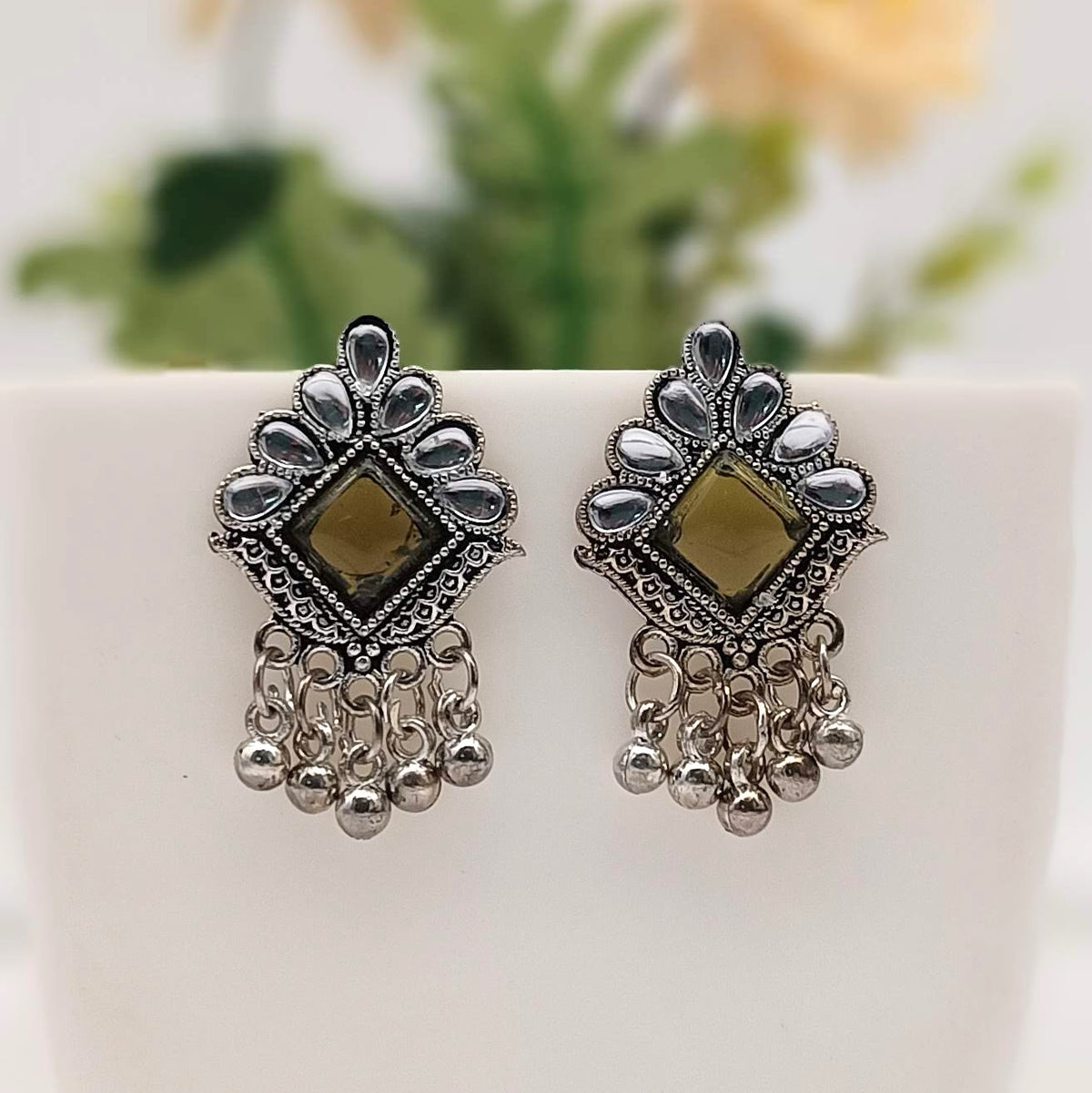 Olive Green Color Stone Studded Antique Silver Oxidised Earrings