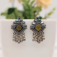 Olive Green Color Stone Studded Antique Silver Oxidised Earrings
