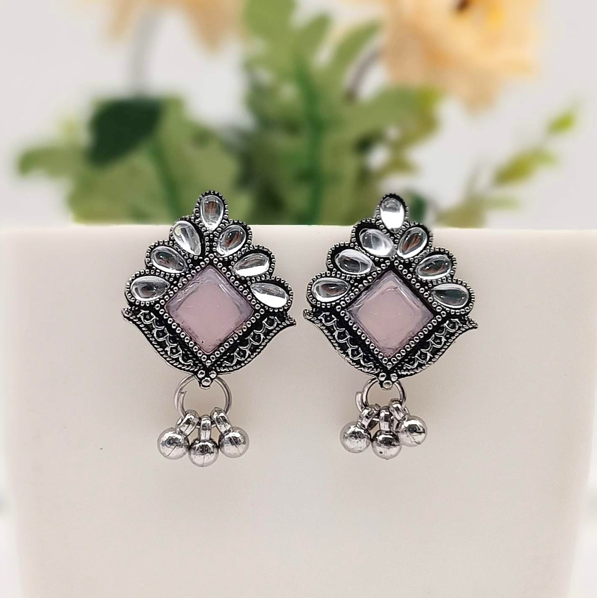 Pink Color Stone Studded Antique Silver Oxidised Earrings