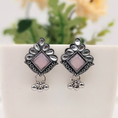 Pink Color Stone Studded Antique Silver Oxidised Earrings