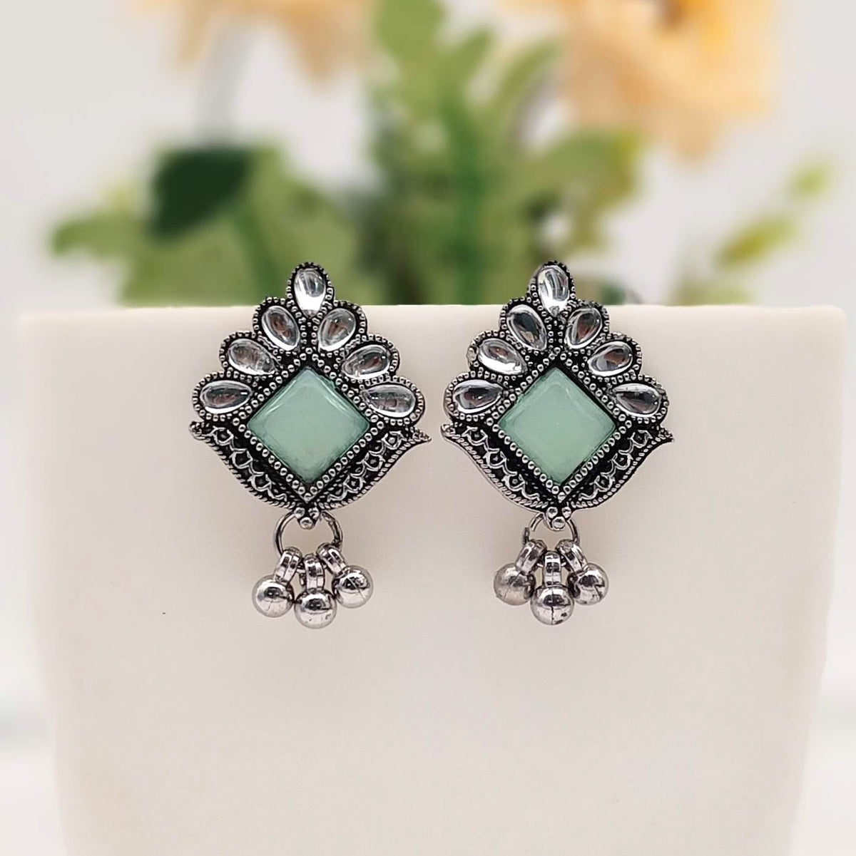 Light Green Color Stone Studded Antique Silver Oxidised Earrings