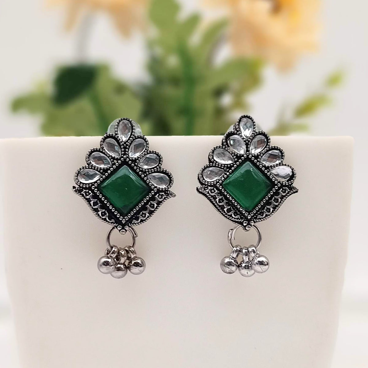 Green Color Stone Studded Antique Silver Oxidised Earrings