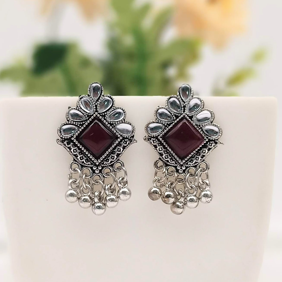 Dark Red Color Stone Studded Antique Silver Oxidised Earrings