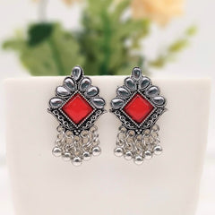 Bright Red Color Stone Studded Antique Silver Oxidised Earrings