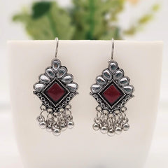 Dark Red Color Stone Studded Drop Beads Antique Silver Oxidised Earrings