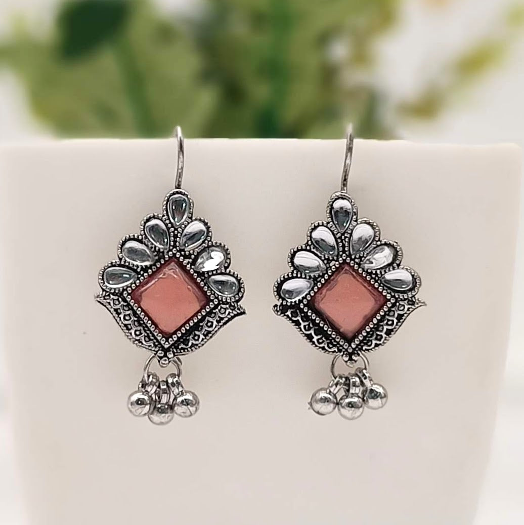 Baby Pink Color Stone Studded Drop Beads Antique Silver Oxidised Earrings
