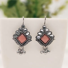 Baby Pink Color Stone Studded Drop Beads Antique Silver Oxidised Earrings