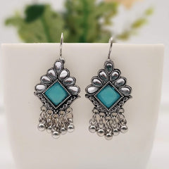 Blue Color Stone Studded Drop Beads Antique Silver Oxidised Earrings