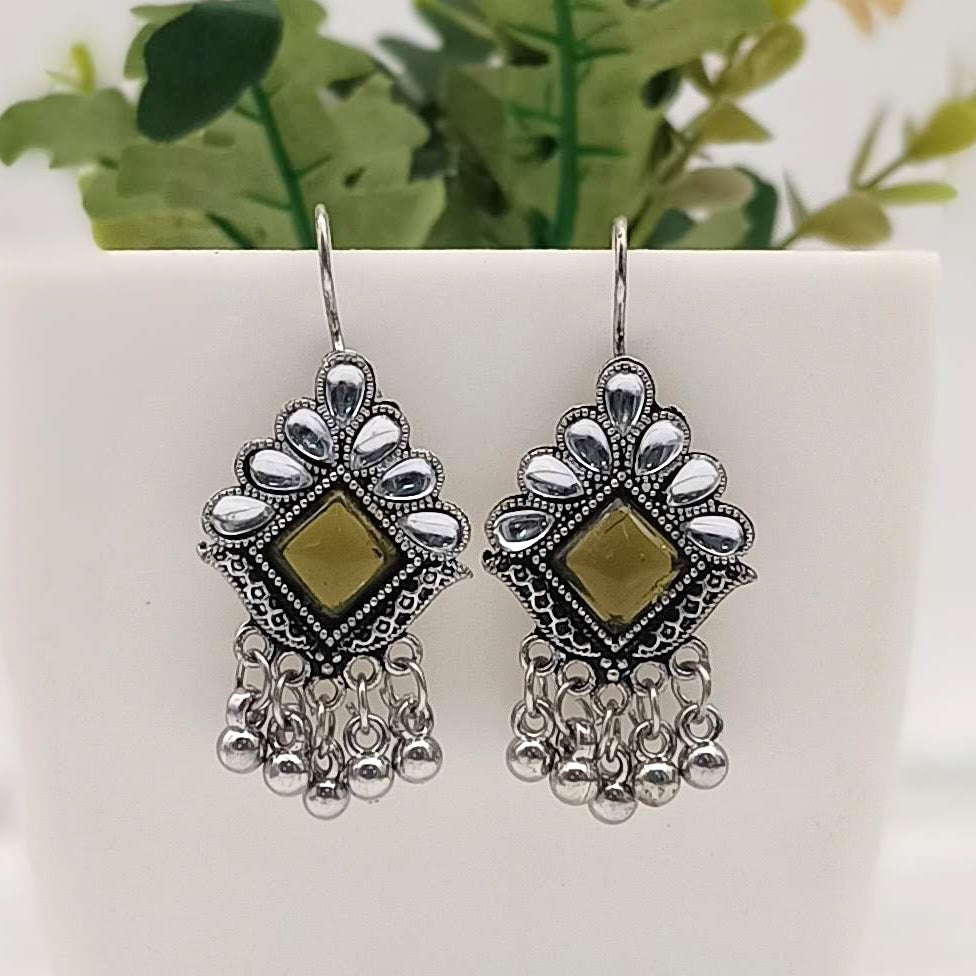 Olive Green Color Stone Studded Drop Beads Antique Silver Oxidised Earrings