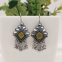 Olive Green Color Stone Studded Drop Beads Antique Silver Oxidised Earrings