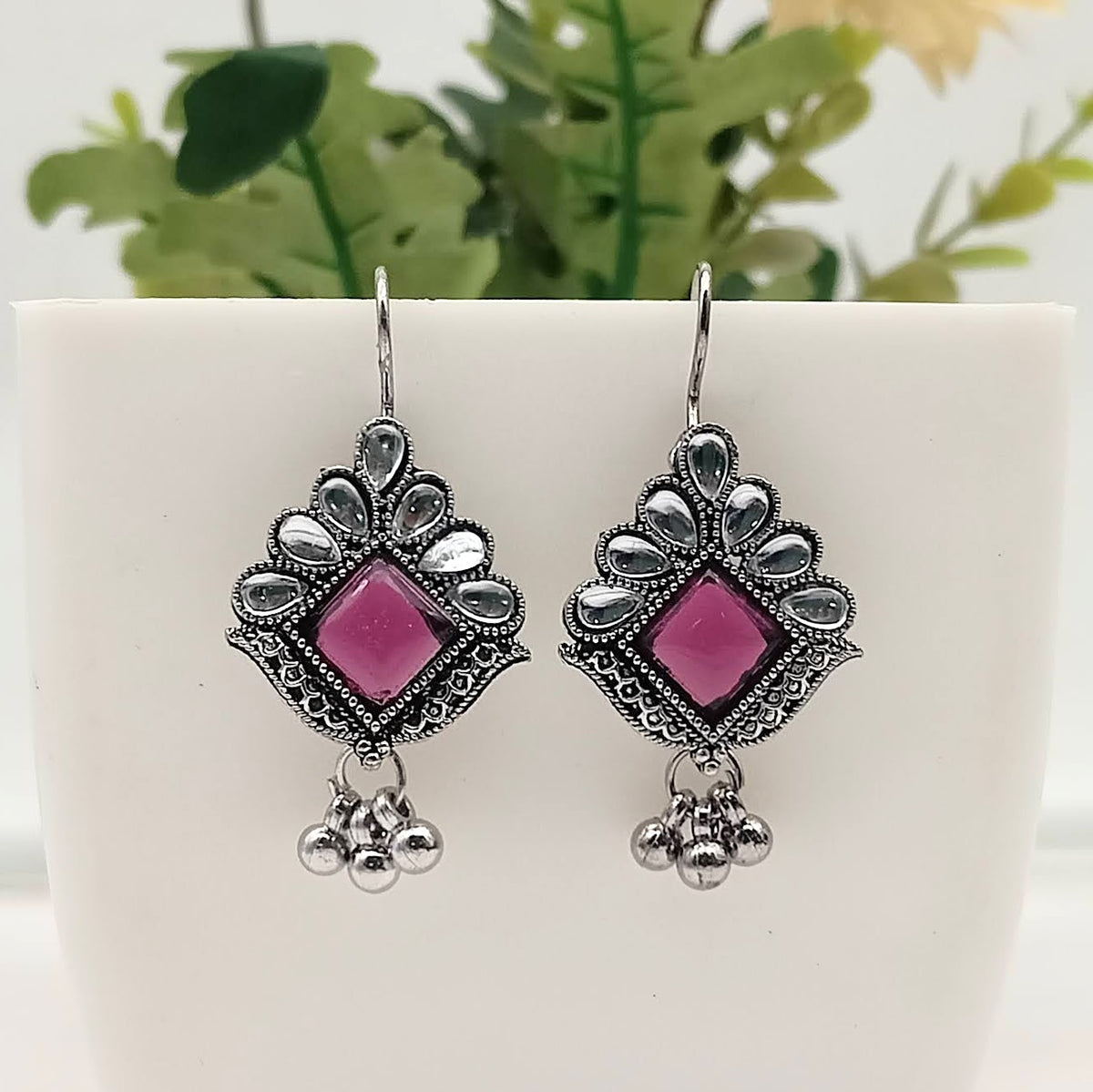 Dark Purple Color Stone Studded Drop Beads Antique Silver Oxidised Earrings