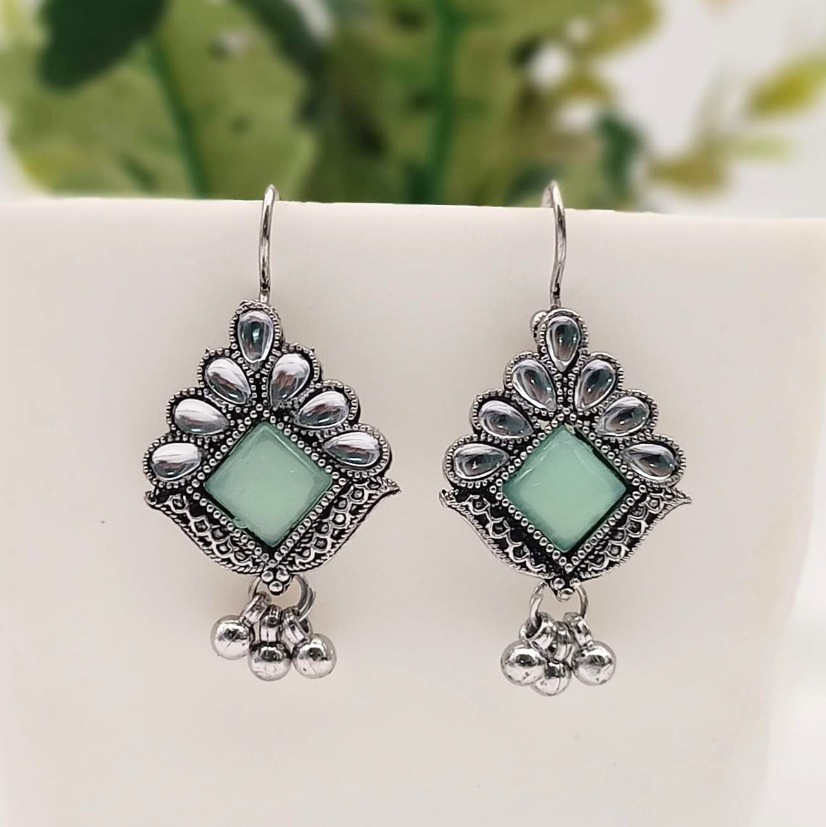 Light Green Color Stone Studded Drop Beads Antique Silver Oxidised Earrings