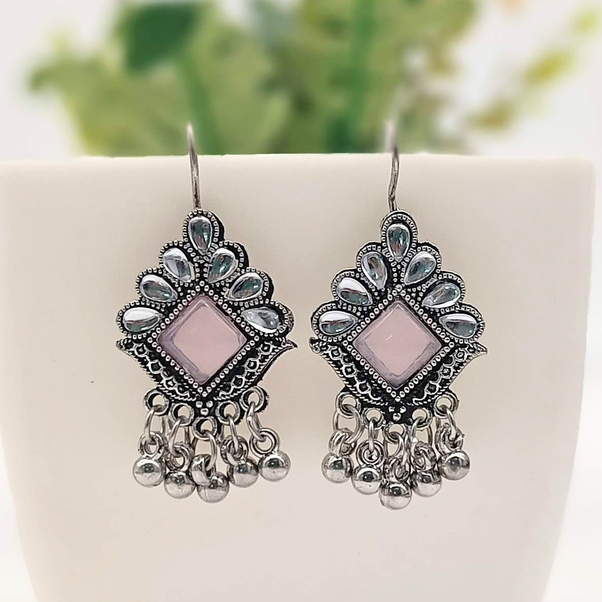 Baby Pink Color Stone Studded Drop Beads Antique Oxidised Silver Earrings