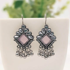 Baby Pink Color Stone Studded Drop Beads Antique Oxidised Silver Earrings