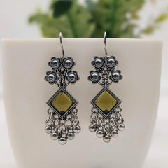 Olive Green Color Flower Design Drop Beads Antique Silver Oxidised Earrings