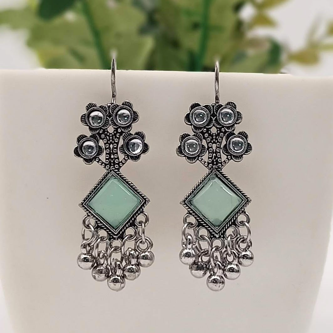 Light Green Color Flower Design Drop Beads Antique Silver Oxidised Earrings