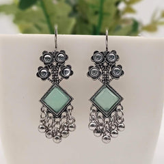 Light Green Color Flower Design Drop Beads Antique Silver Oxidised Earrings