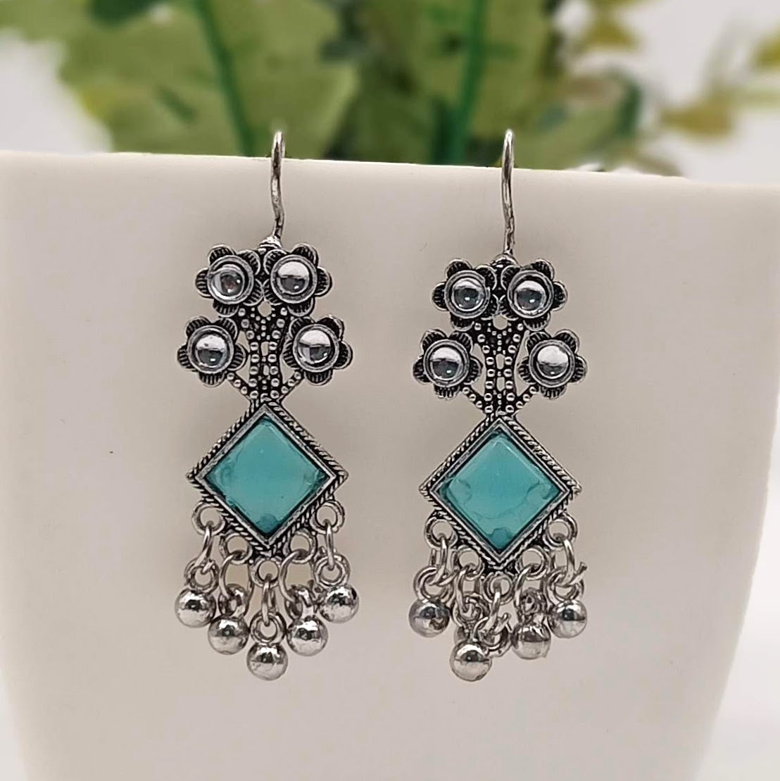 Blue Color Flower Design Drop Beads Antique Silver Oxidised Earrings