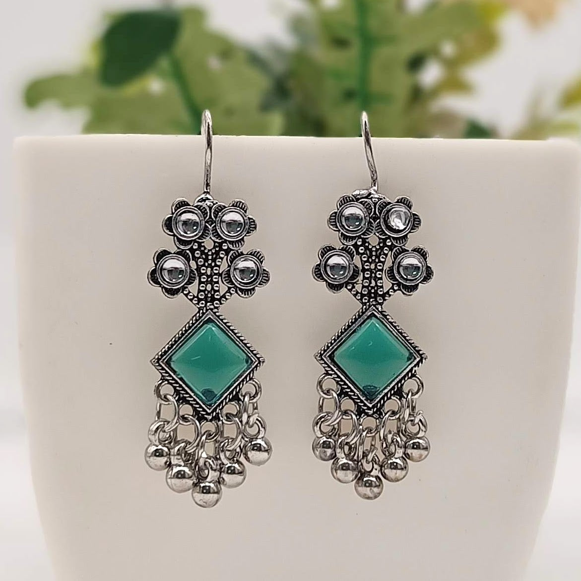 Green Color Flower Design Drop Beads Antique Silver Oxidised Earrings