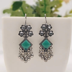 Green Color Flower Design Drop Beads Antique Silver Oxidised Earrings