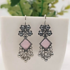 Baby Pink Color Flower Design Drop Beads Antique Silver Oxidised Earrings