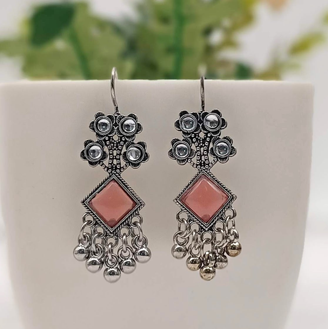 Flower Design Drop Beads Antique Silver Oxidised Earrings