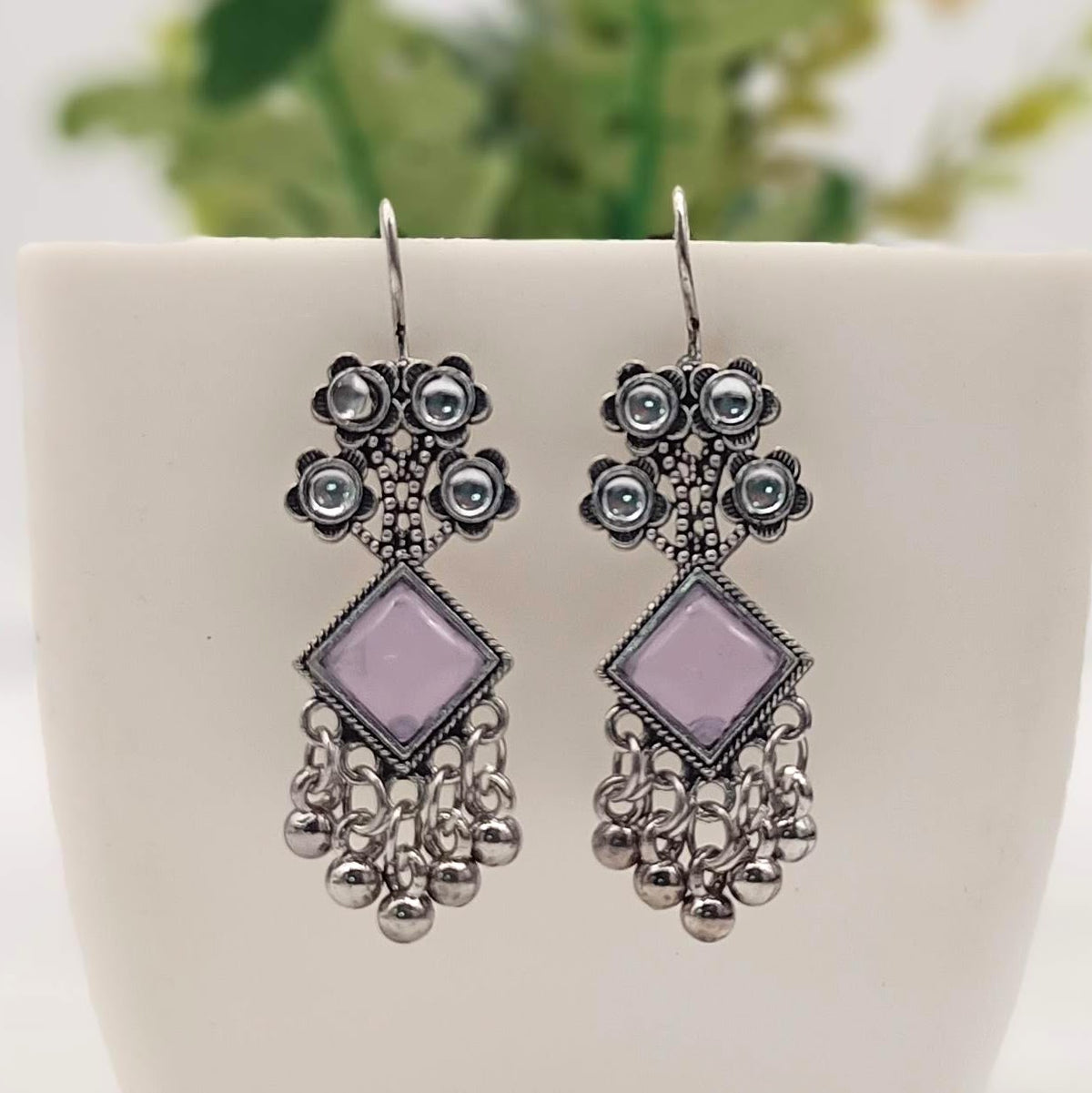 Light Purple Color Flower Design Drop Beads Antique Silver Oxidised Earrings