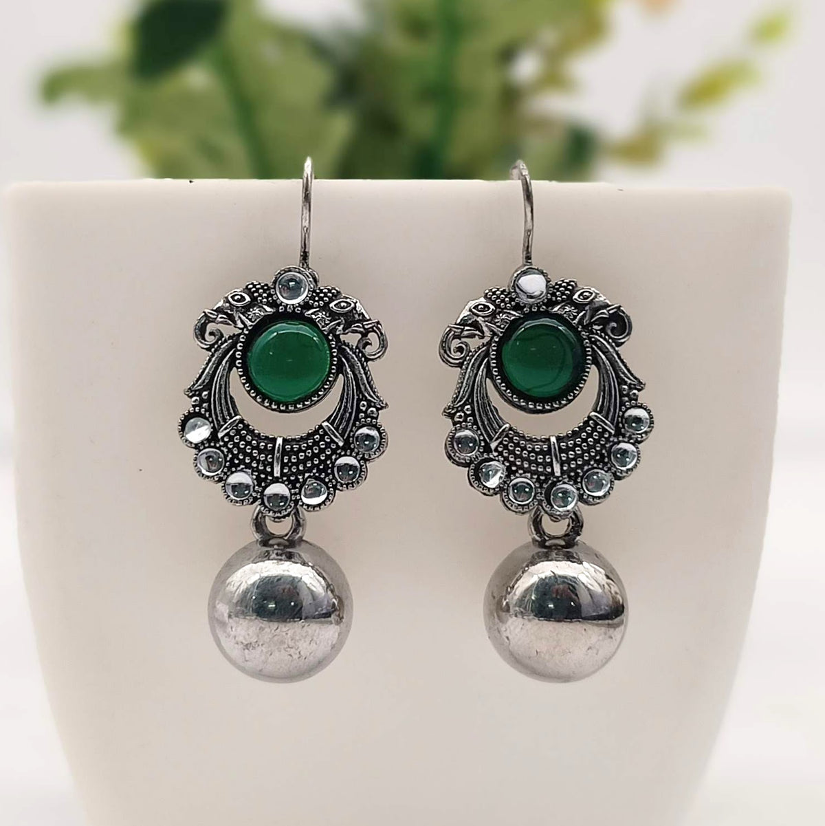 Green Color Round Drop Ball Elephant Design Silver Oxidised Earrings