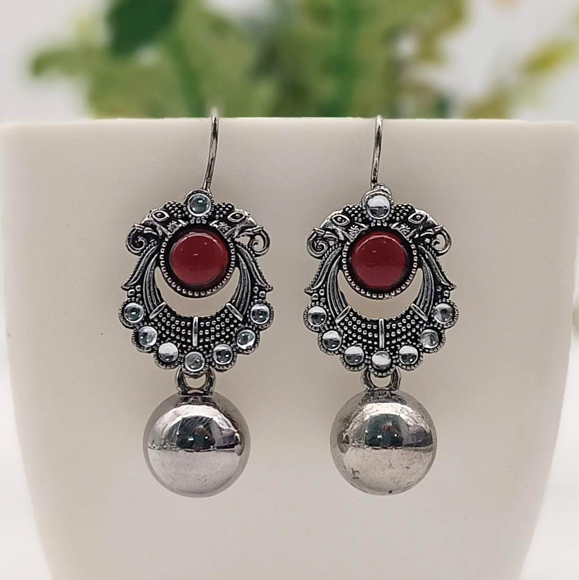 Dark Red Color Round Drop Ball Elephant Design Silver Oxidised Earrings