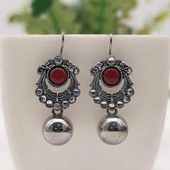 Dark Red Color Round Drop Ball Elephant Design Silver Oxidised Earrings
