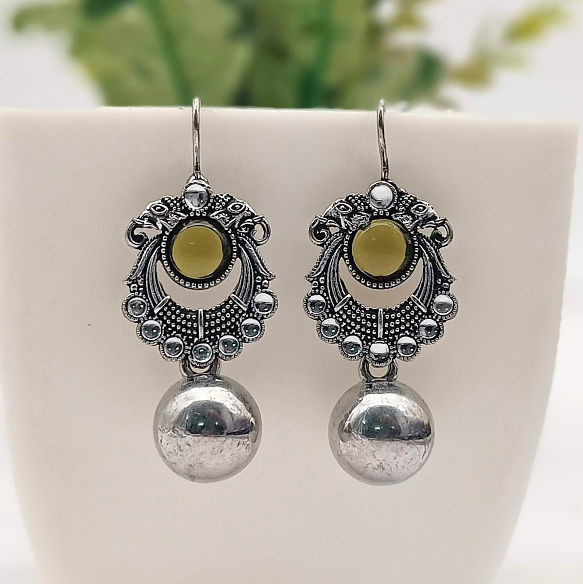 Olive Green Color Round Drop Ball Elephant Design Silver Oxidised Earrings