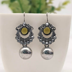 Olive Green Color Round Drop Ball Elephant Design Silver Oxidised Earrings