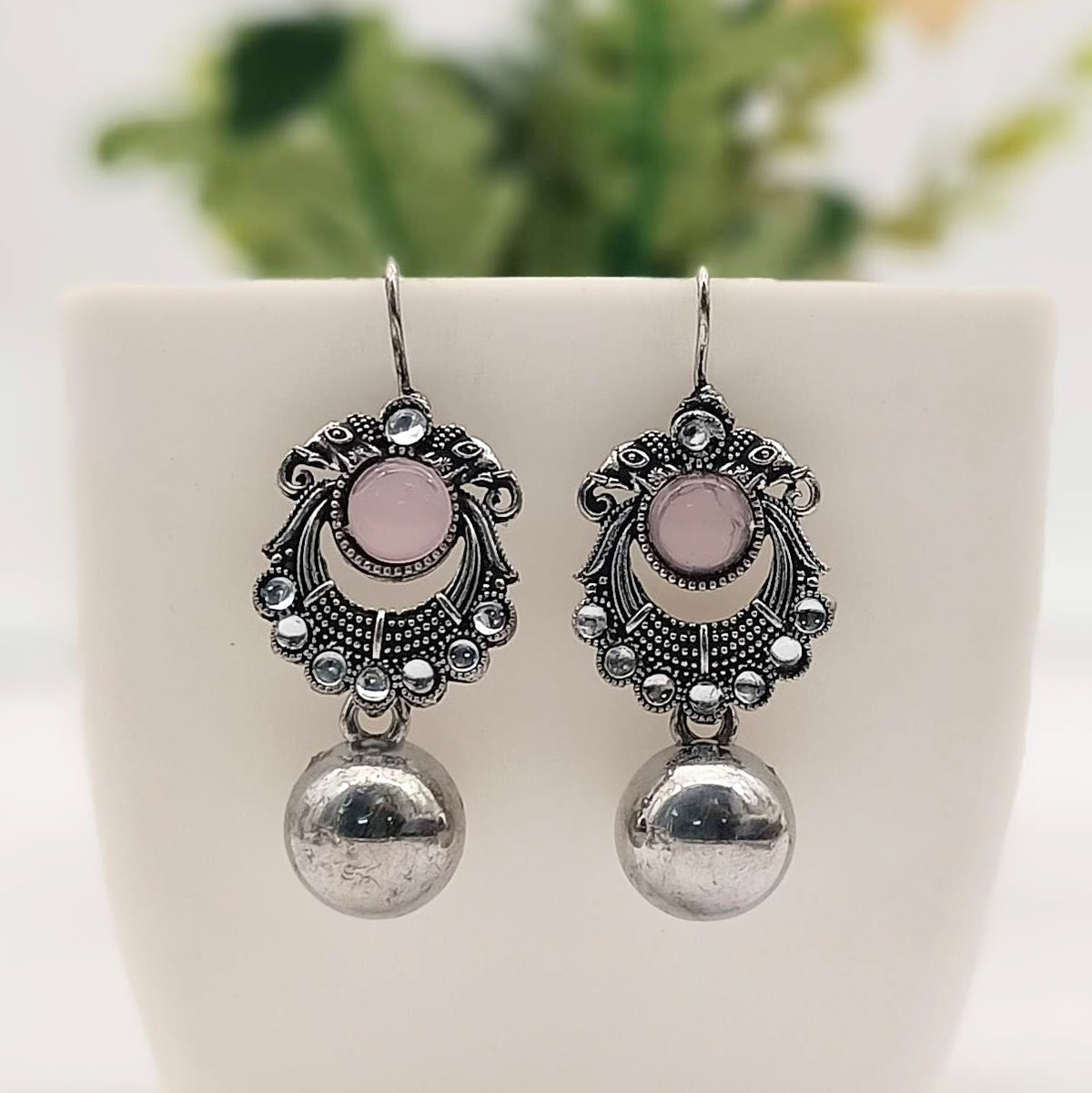 Baby Pink Color Round Drop Ball Elephant Design Silver Oxidised Earrings