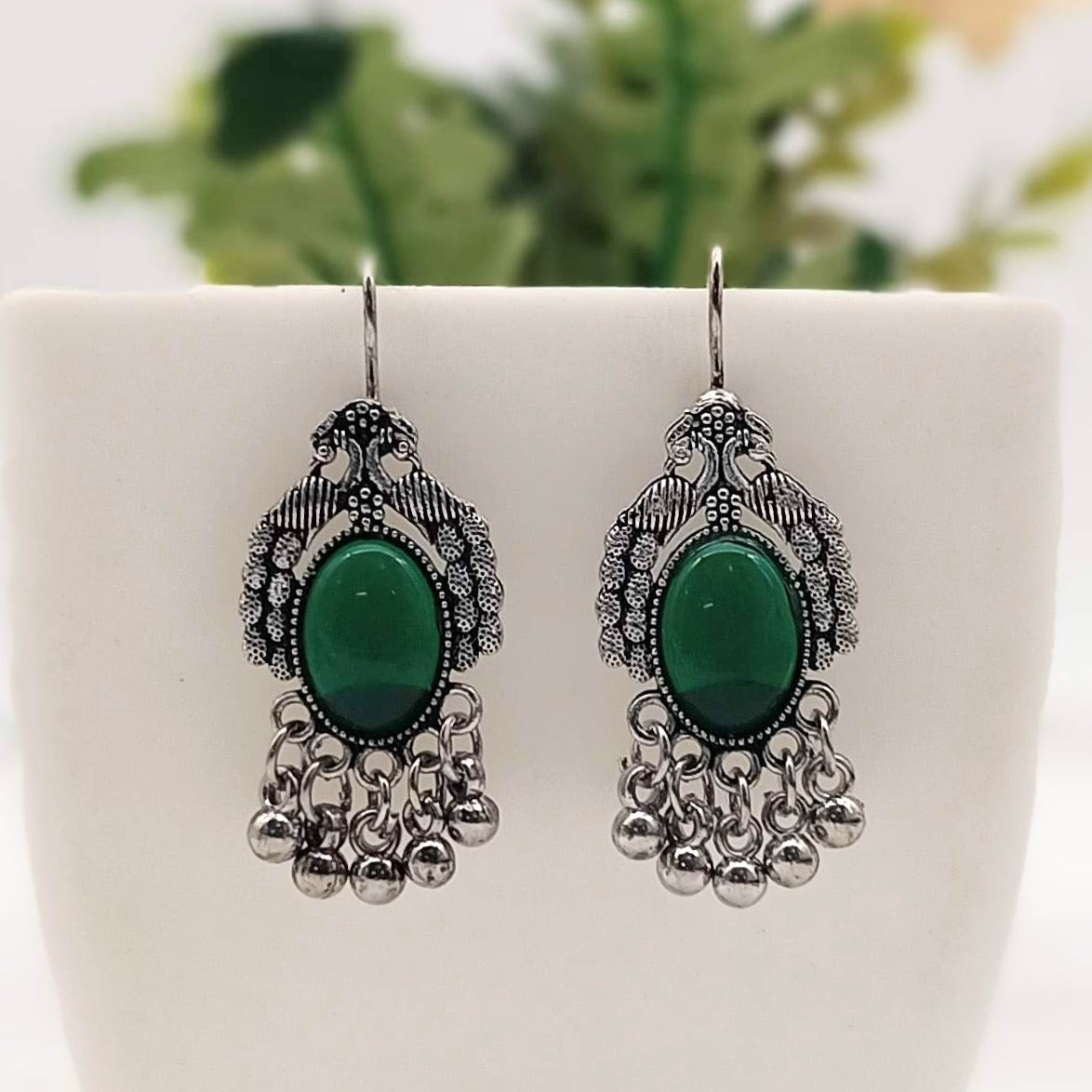 Green Color Peacock Design Oval Shape Silver Oxidised Earrings