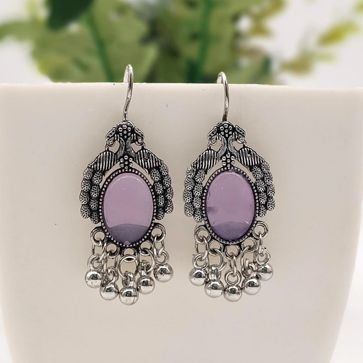 Light Purple Color Peacock Design Oval Shape Silver Oxidised Earrings